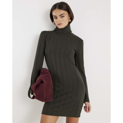 Green Long Sleeve Cosy Wide Ribbed Mini Dress