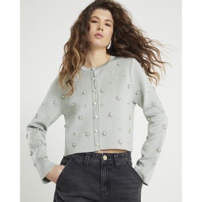 Green Long Sleeve Embellished Cardigan