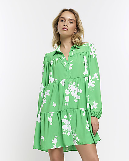 Green long sleeve floral mini shirt dress