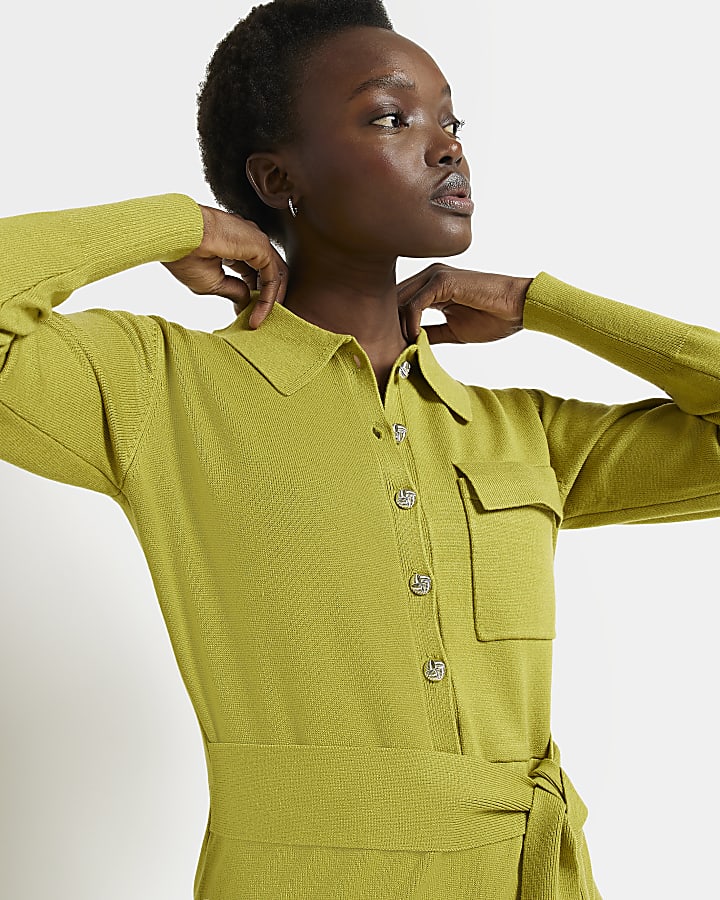 Green long sleeve midi shirt dress