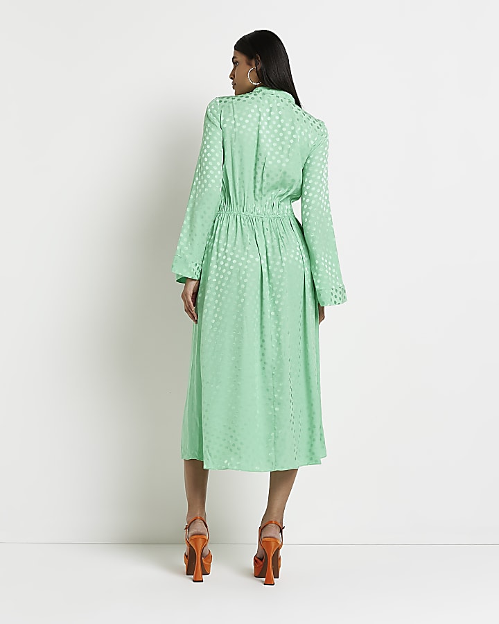 Green long sleeve polka dot midi dress
