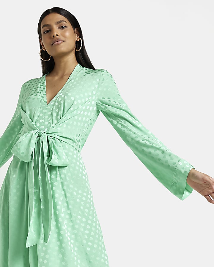 Green long sleeve polka dot midi dress