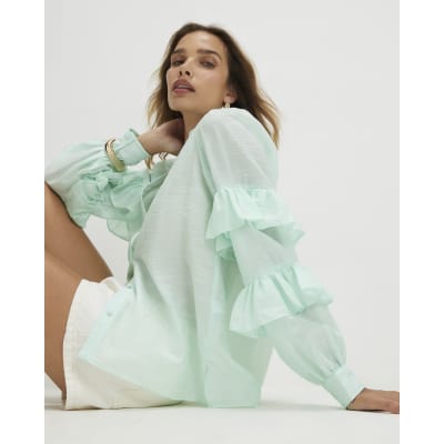 Green Long Sleeve Ruffle Blouse