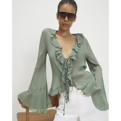Long Sleeve Ruffle Front Blouse
