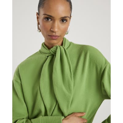 Green Long Sleeve Scarf Tie Neck Cosy Top