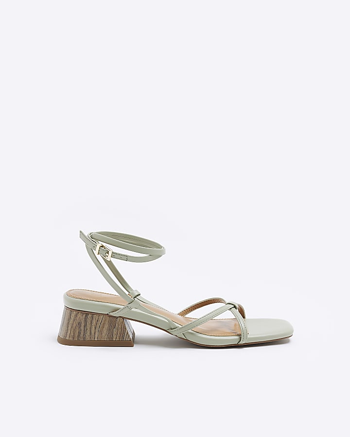Green low block strappy heeled sandals