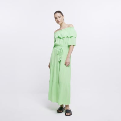 Green Maxi Bardot Dress | River Island