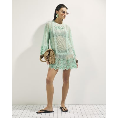 Green Mesh Embellished Beach Tunic Dress