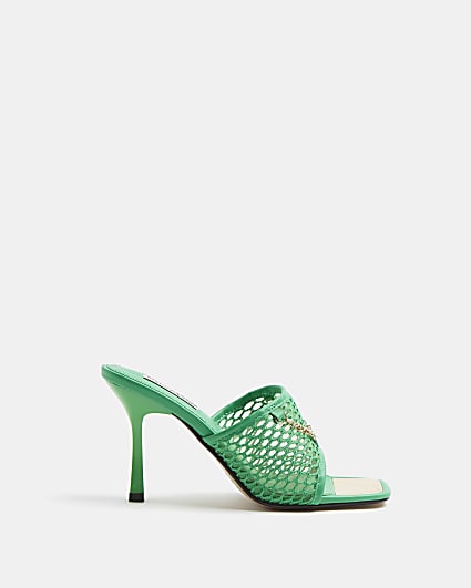 Green mesh open toe heeled mules