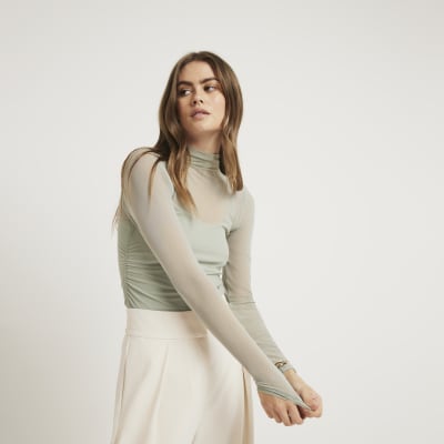 Green mesh ruched long sleeve top