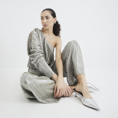 Green Metallic Asymmetric Plisse Jumpsuit