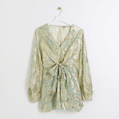 Green metallic detail tie waist playsuit River Island