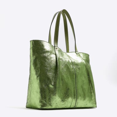 Green Metallic Leather Shopper Bag River Island