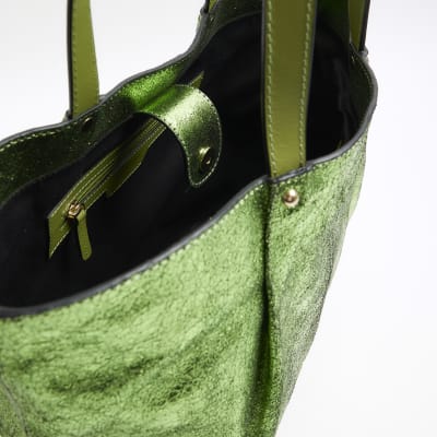 Green Metallic Leather Shopper Bag River Island