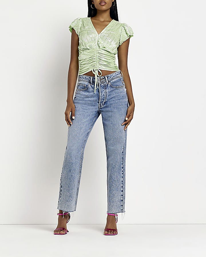 Green metallic ruched top