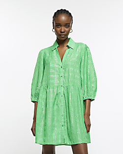 Green mini smock shirt dress
