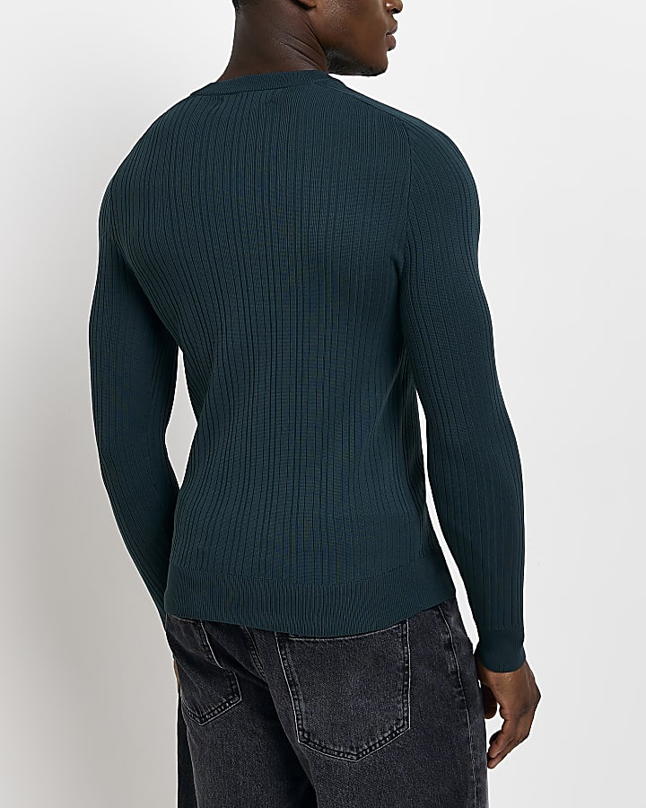 Green muscle fit ribbed crew neck knit jumper