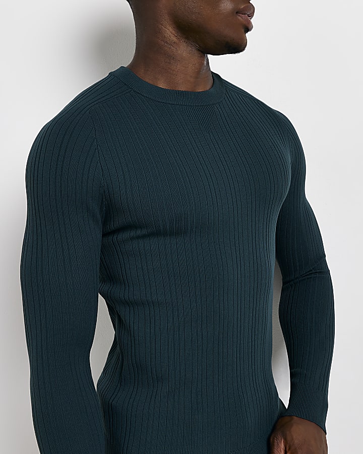 Green muscle fit ribbed crew neck knit jumper