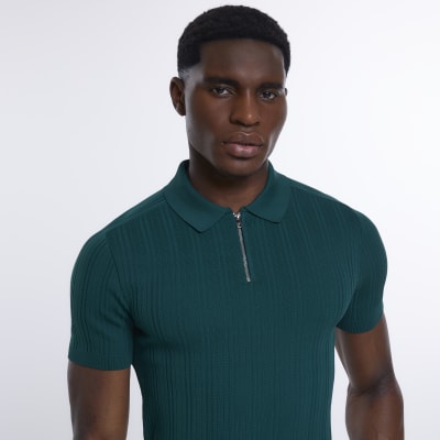 Green muscle fit ribbed polo shirt River Island
