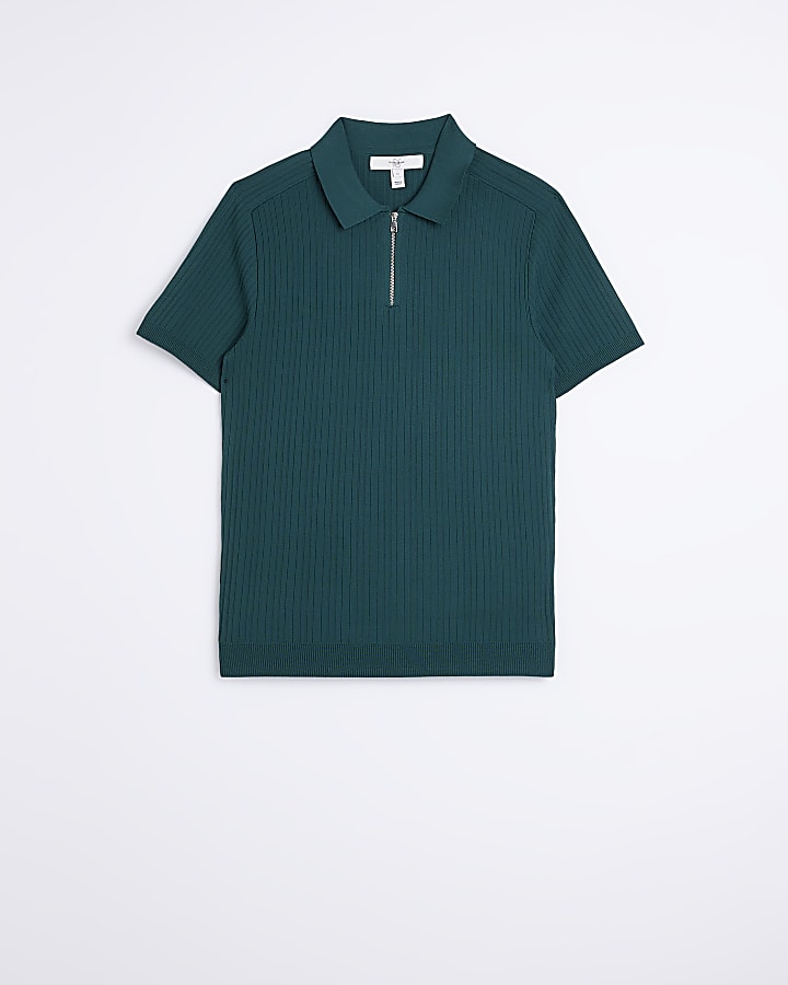 Green muscle fit ribbed polo shirt