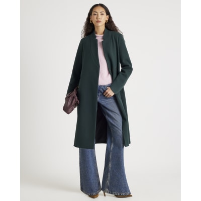 Green Notch Collar Belted Wrap Coat