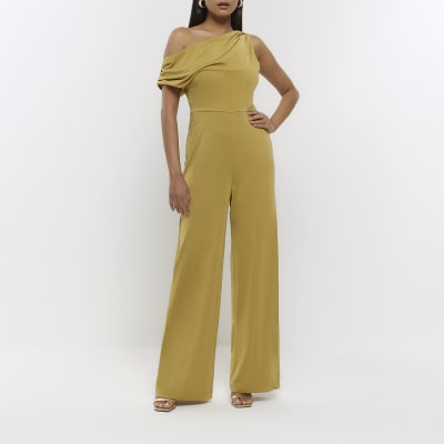 Green off shoulder drape jumpsuit River Island