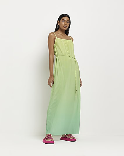 Green ombre plisse cami maxi dress