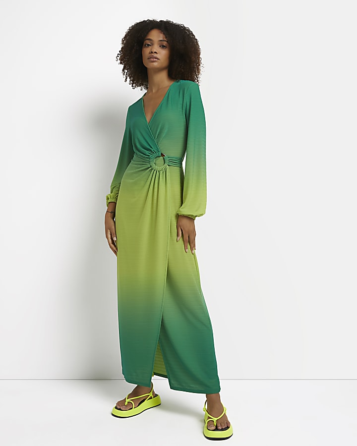 Green ombre wrap maxi dress
