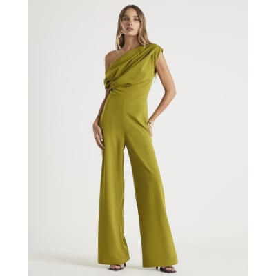 Green One shoulder Draped Jumpsuit