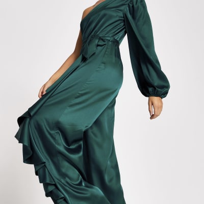 Green one shoulder wide leg satin jumpsuit