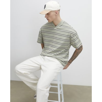 Green Oversized Cotton Blend Stripe T-Shirt
