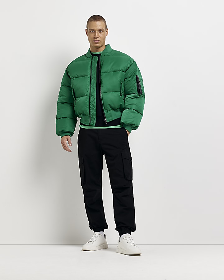 Green oversized fit bomber puffer jacket