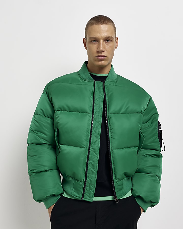 Green oversized fit bomber puffer jacket