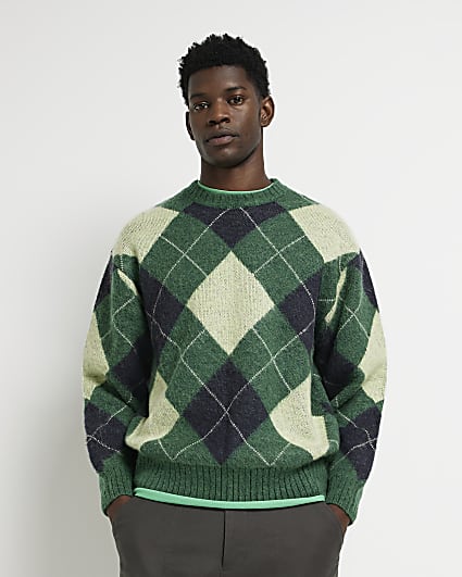 Green Oversized fit Knit Argyle print jumper