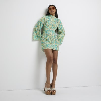 Green paisley print mini dress | River Island