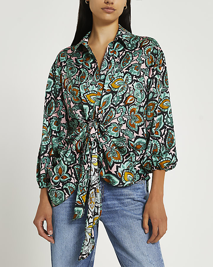 Green paisley tie front shirt