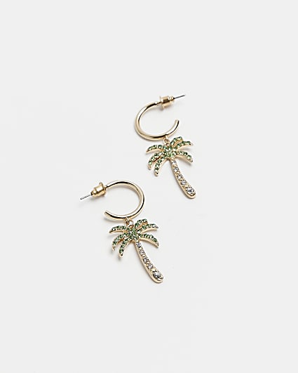 Green palm drop hoop earrings