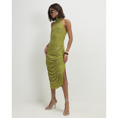 river island green embellished dress Green Embellished Drape Trim Mini Dress
