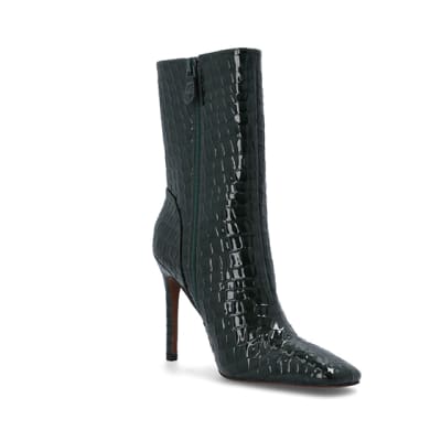 Green patent croc embossed heeled boots