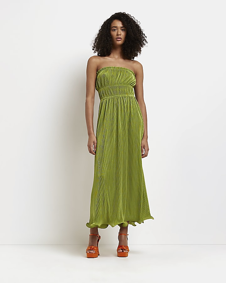 Green plisse bardot midi dress
