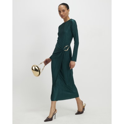 Green Plisse Buckle Detail Midi Dress