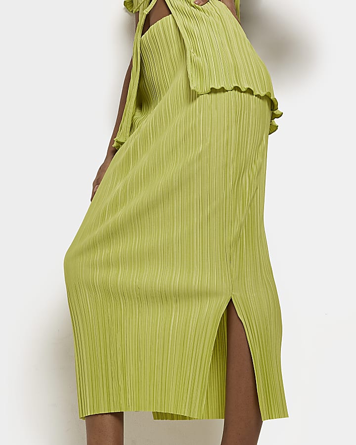 Green plisse midi skirt