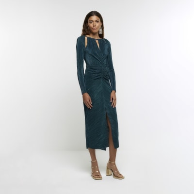 Green plisse ruched bodycon midi dress | River Island