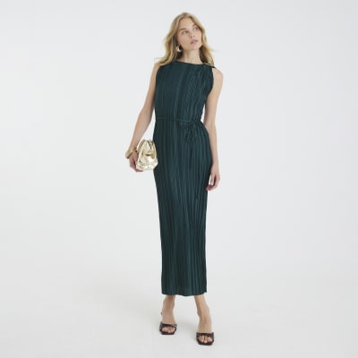 Green Plisse Sleeveless Belted Midi Dress