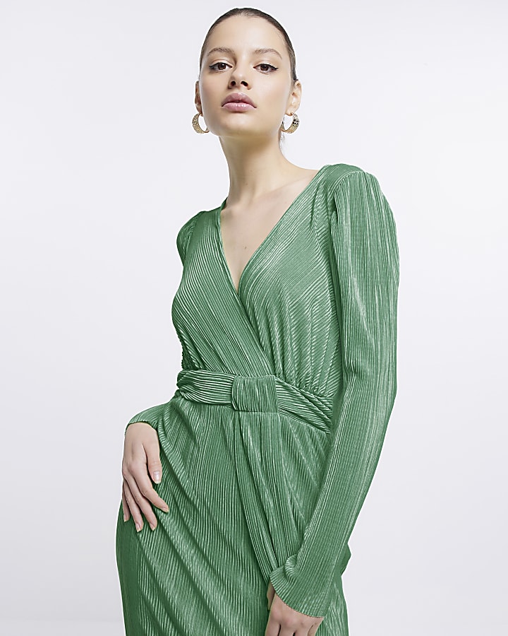 Green plisse wrap bodycon midi dress