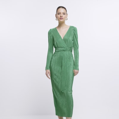 Green plisse wrap bodycon midi dress | River Island