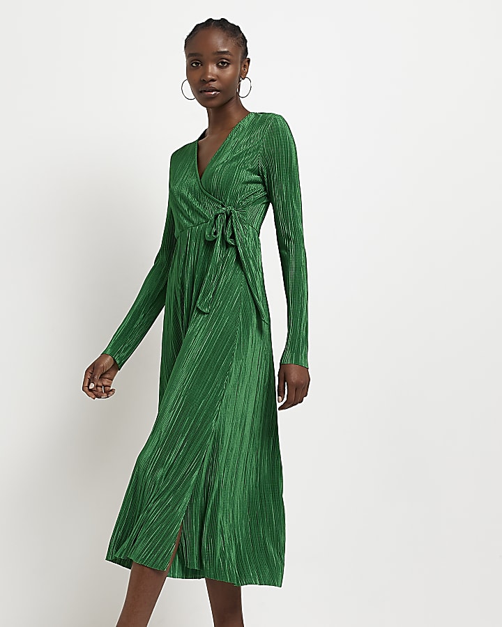 Green plisse wrap midi dress