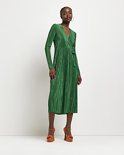Green plisse wrap midi dress