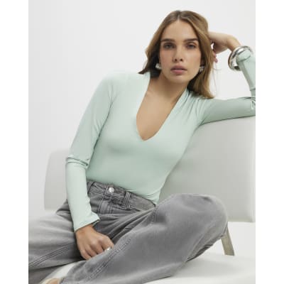 Green Plunge Neckline Long Sleeve Bodysuit