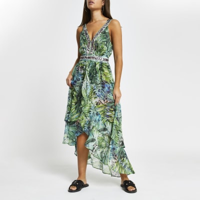 river island green print dress